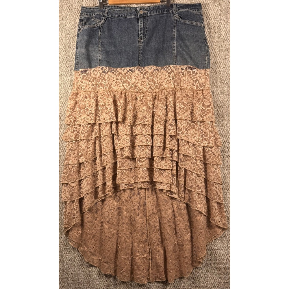 Cato Woman Denim Lace Tiered Maxi Skirt 22W Blue Tan Boho Western Hi-Low Ruffle